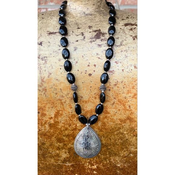 Doug Paulus Sterling and Black Onyx Necklace with Sterling Pendant Vintage - Picture 1 of 7